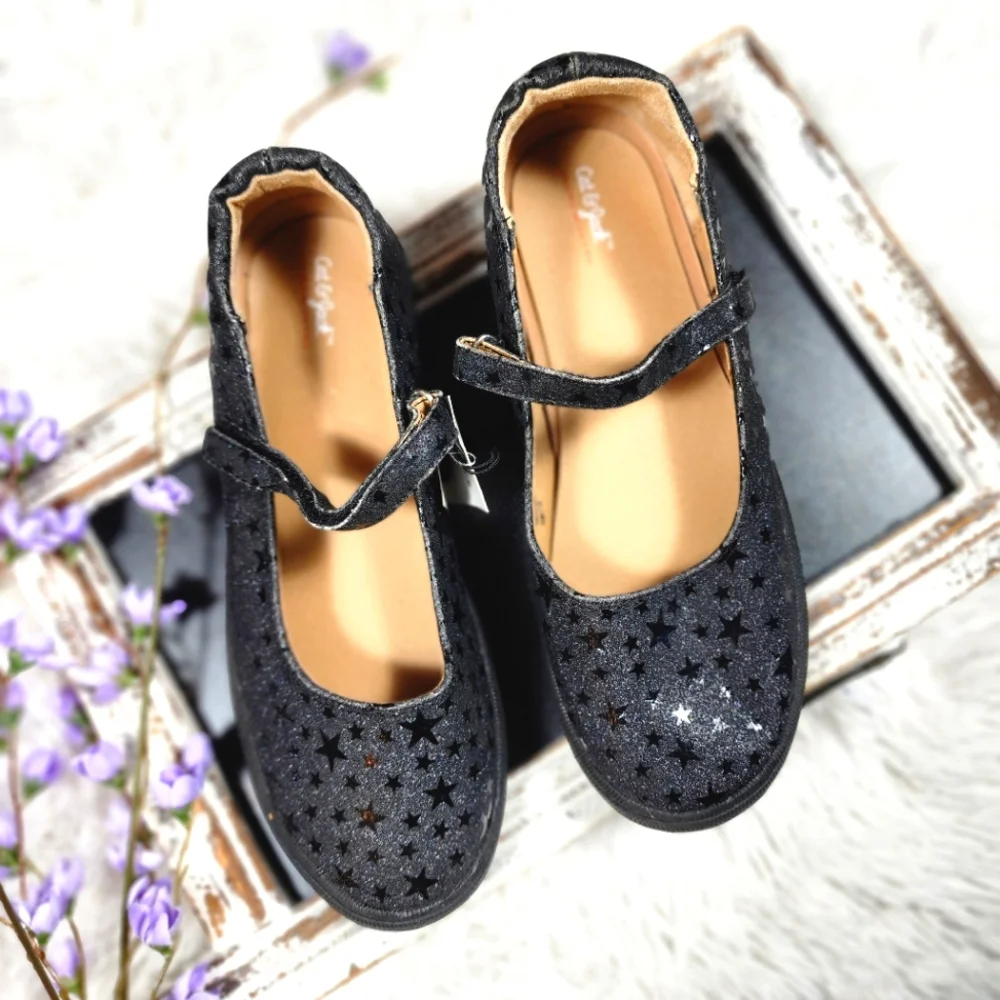 Cat & Jack Girls Black Shimmery Star Dress Shoes Size 5